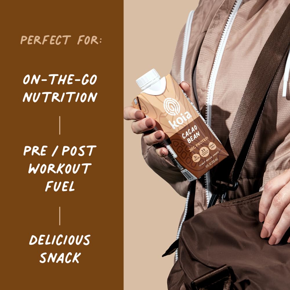 Koia Plant Based Protein Shake, Cacao Bean, 20g Protein, 3g Sugar, 6g Prebiotic Fiber, 21 Vitamins & Minerals, Meal Replacement Drinks, Dairy-Free, Gluten-Free, Non-GMO, 11 Fl Oz (Pack of 12)