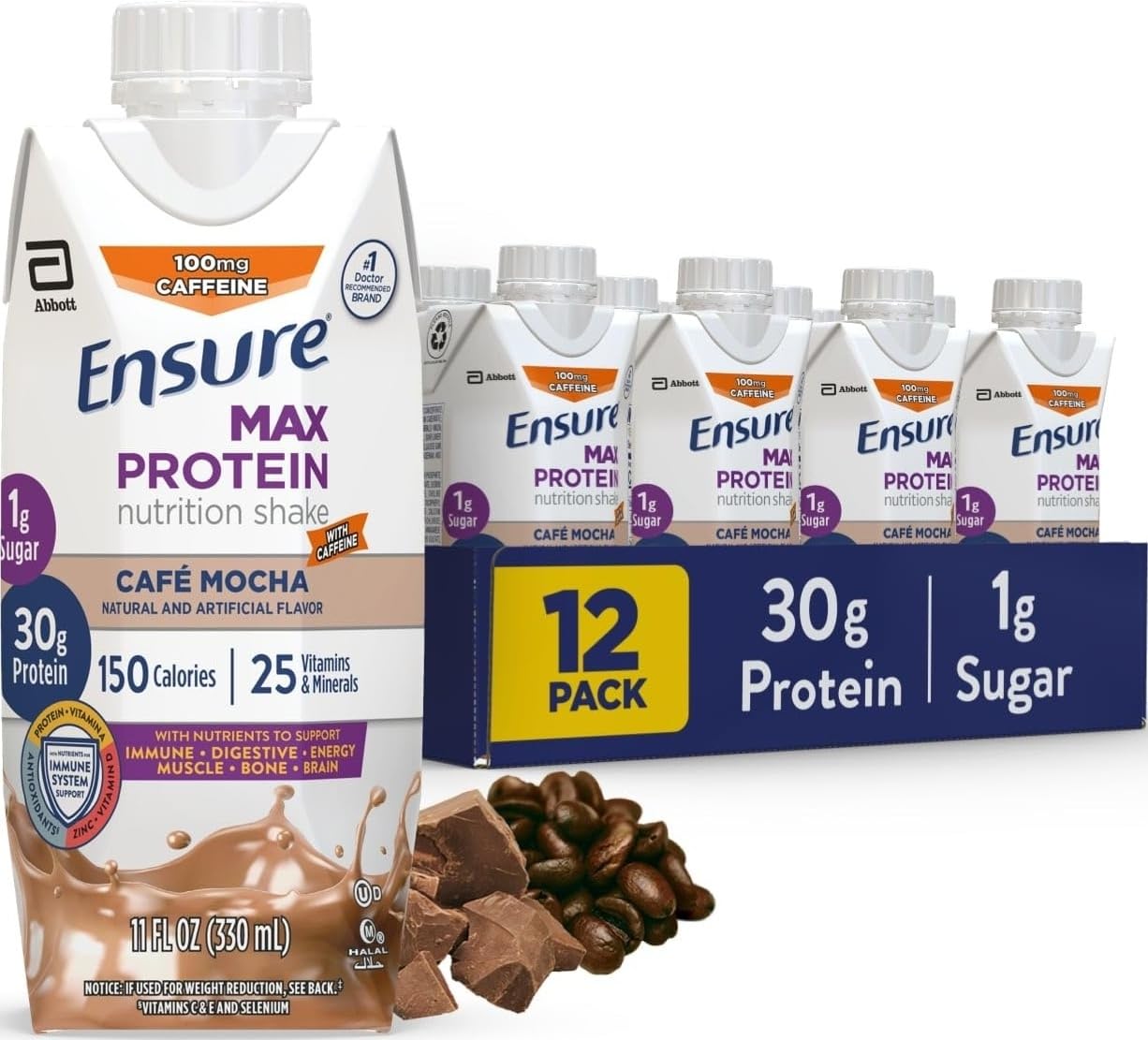 Ensure Max Protein Milk Chocolate Shake, 30g High Protein, 12 Pack | 30g Protein to Support Muscle Health & Manage Hunger for Adults, Each Protein Shake has 1g Sugar, 150 Calories, 4g Fiber