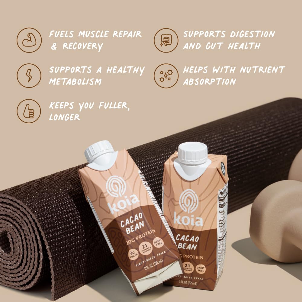 Koia Plant Based Protein Shake, Cacao Bean, 20g Protein, 3g Sugar, 6g Prebiotic Fiber, 21 Vitamins & Minerals, Meal Replacement Drinks, Dairy-Free, Gluten-Free, Non-GMO, 11 Fl Oz (Pack of 12)