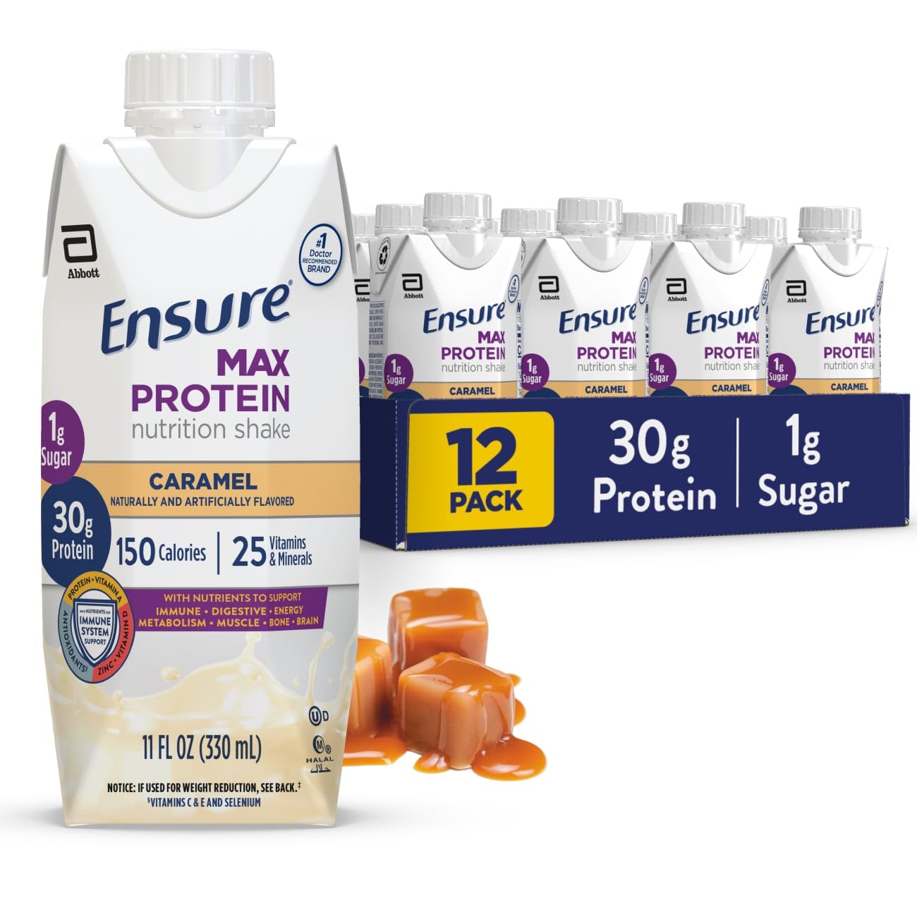 Ensure Max Protein Milk Chocolate Shake, 30g High Protein, 12 Pack | 30g Protein to Support Muscle Health & Manage Hunger for Adults, Each Protein Shake has 1g Sugar, 150 Calories, 4g Fiber
