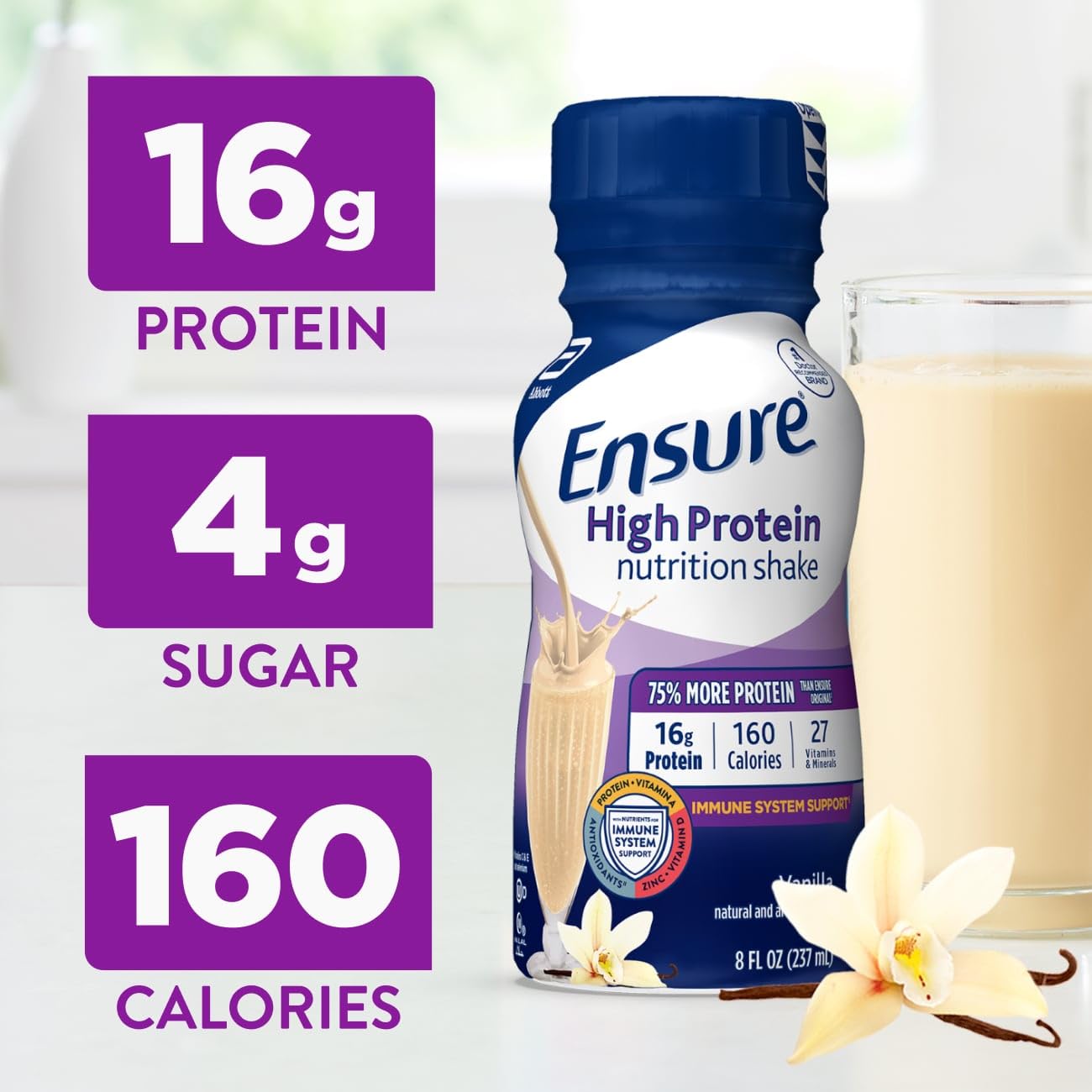 Ensure High Protein Vanilla Nutrition Shake with Fiber, Ready to Drink, 16g Protein and 27 Vitamins and Minerals, 8 fl oz, 24 Pack