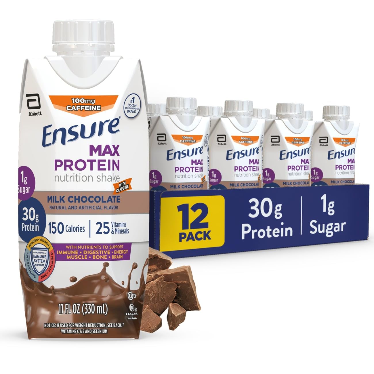 Ensure Max Protein Milk Chocolate Shake, 30g High Protein, 12 Pack | 30g Protein to Support Muscle Health & Manage Hunger for Adults, Each Protein Shake has 1g Sugar, 150 Calories, 4g Fiber