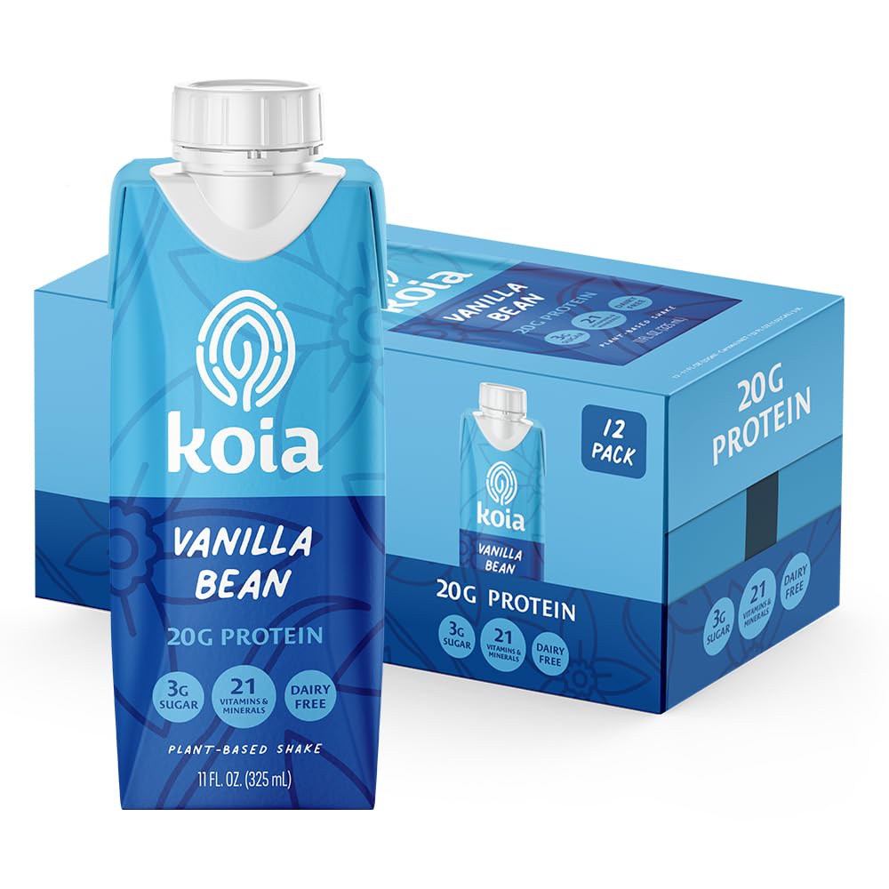 Koia Plant Based Protein Shake, Cacao Bean, 20g Protein, 3g Sugar, 6g Prebiotic Fiber, 21 Vitamins & Minerals, Meal Replacement Drinks, Dairy-Free, Gluten-Free, Non-GMO, 11 Fl Oz (Pack of 12)