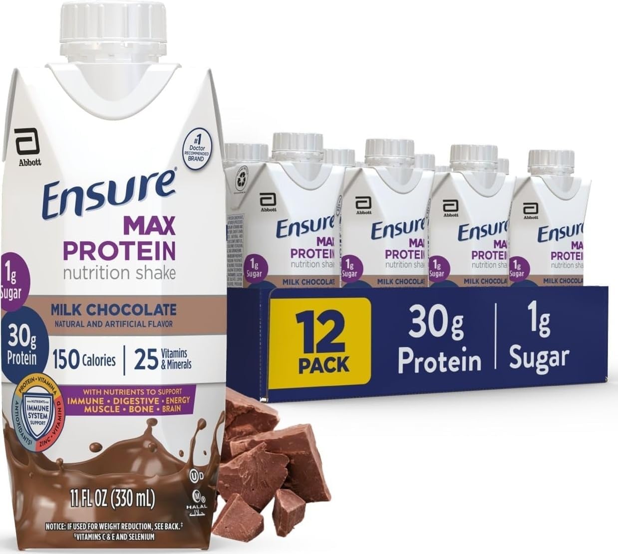 Ensure Max Protein Milk Chocolate Shake, 30g High Protein, 12 Pack | 30g Protein to Support Muscle Health & Manage Hunger for Adults, Each Protein Shake has 1g Sugar, 150 Calories, 4g Fiber
