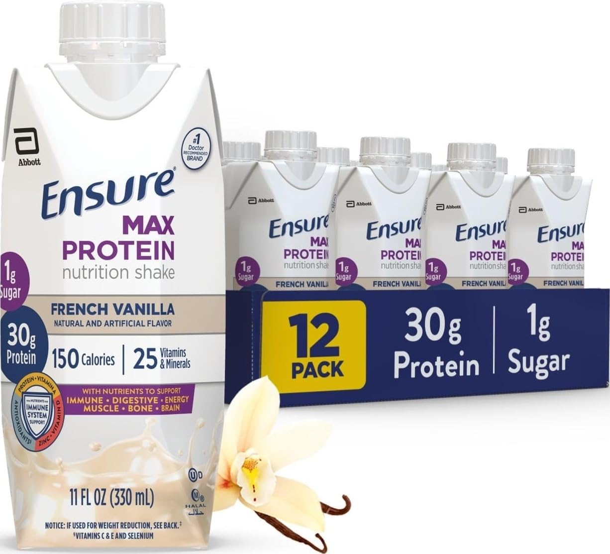 Ensure Max Protein Milk Chocolate Shake, 30g High Protein, 12 Pack | 30g Protein to Support Muscle Health & Manage Hunger for Adults, Each Protein Shake has 1g Sugar, 150 Calories, 4g Fiber