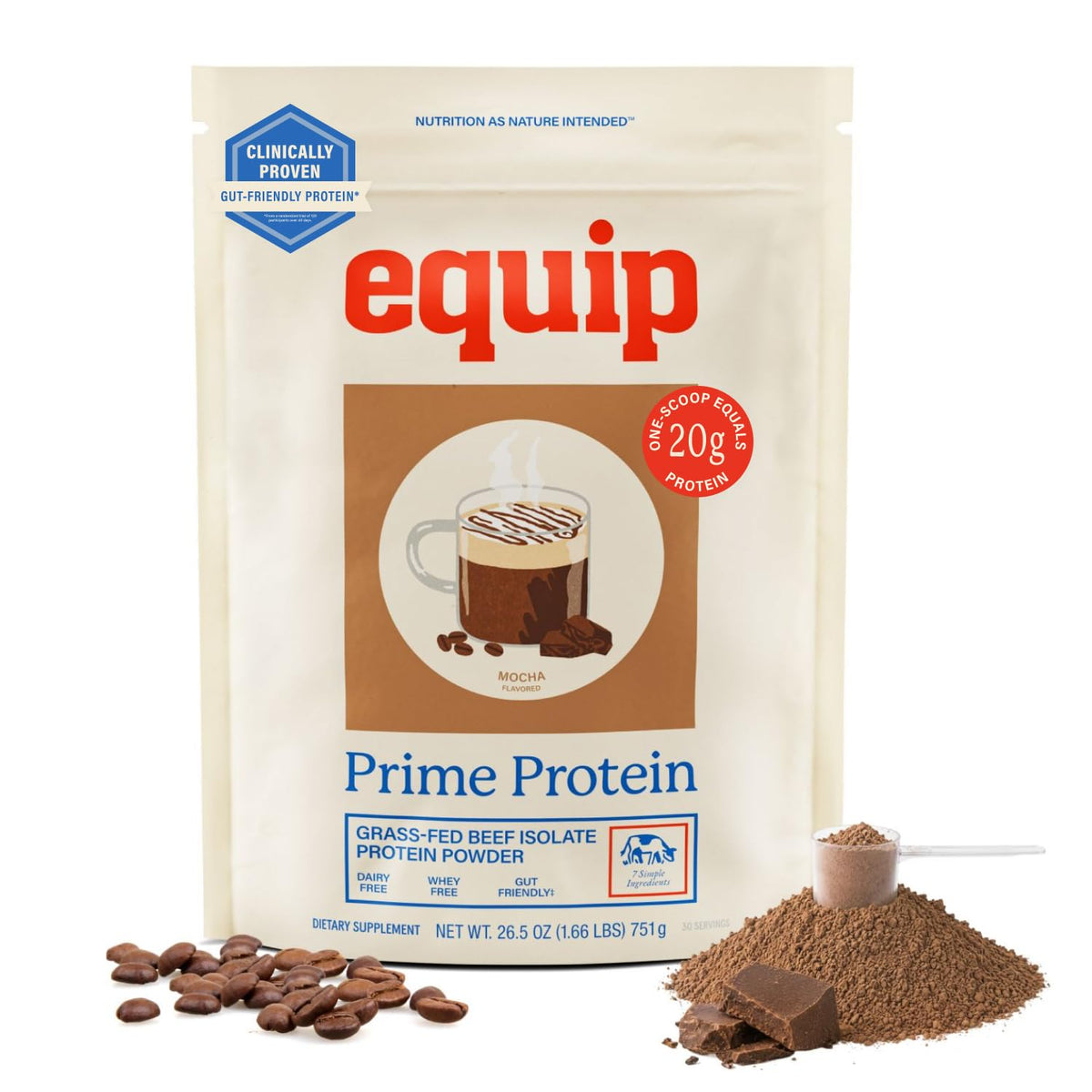 Equip Prime Chocolate Protein Powder - Gut-Friendly, No Sugar Protein Shake Powder with Grass-Fed Beef & Natural Collagen - Rich & Creamy Mix - 21g Per Serving - Whey & Dairy-Free (30 Scoops)