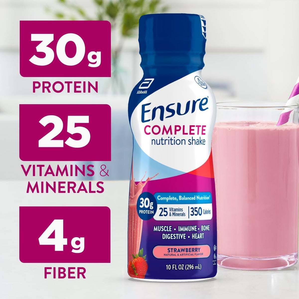 Ensure complete Strawberry Nutrition Shake, Complete, Balanced Meal Replacement, Ready to Drink, 30g Protein, 25 Vitamins & Minerals, 10 fl oz—24 Pack