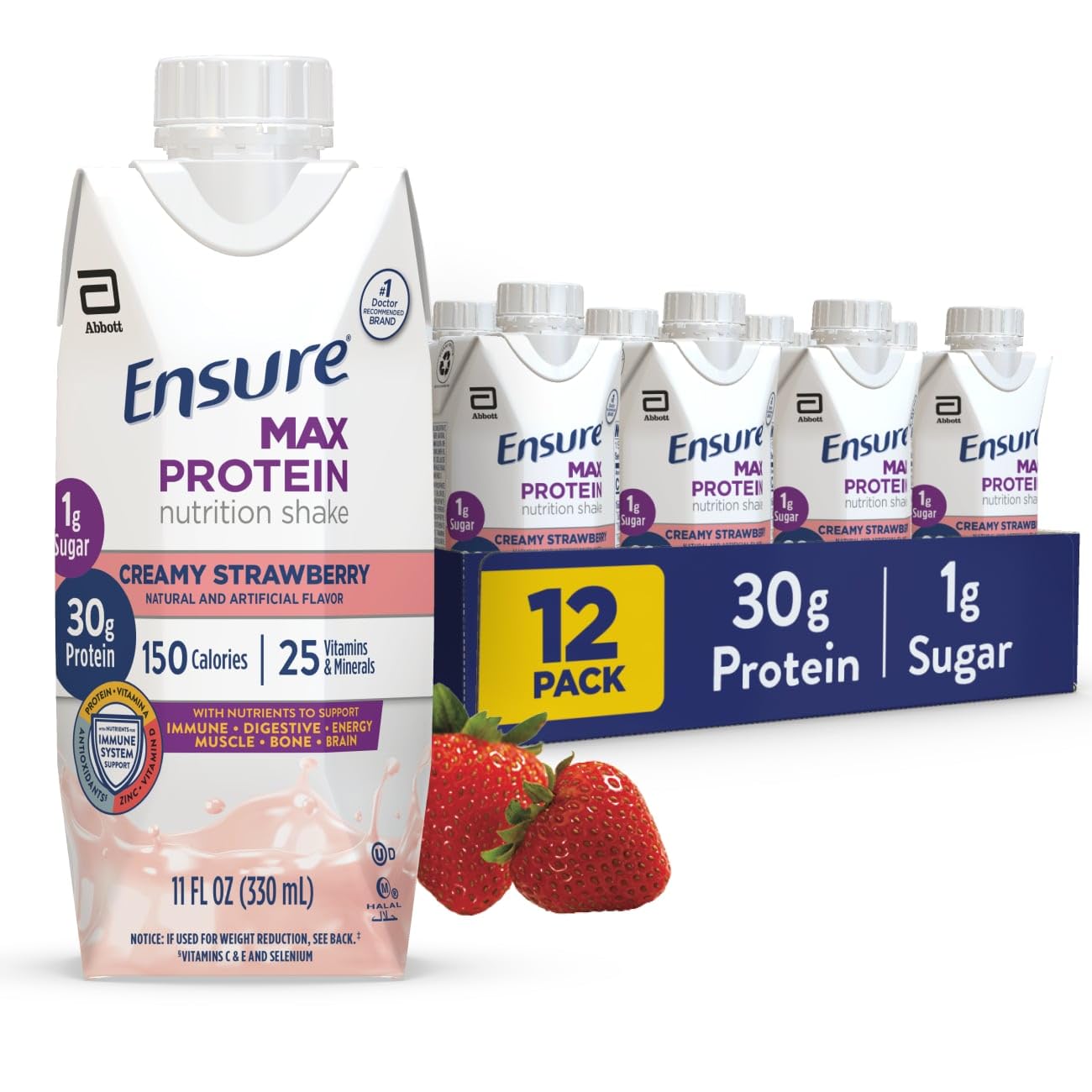 Ensure Max Protein Milk Chocolate Shake, 30g High Protein, 12 Pack | 30g Protein to Support Muscle Health & Manage Hunger for Adults, Each Protein Shake has 1g Sugar, 150 Calories, 4g Fiber