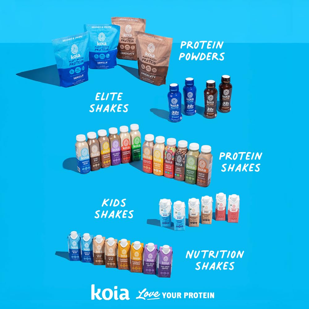 Koia Plant Based Protein Shake, Cacao Bean, 20g Protein, 3g Sugar, 6g Prebiotic Fiber, 21 Vitamins & Minerals, Meal Replacement Drinks, Dairy-Free, Gluten-Free, Non-GMO, 11 Fl Oz (Pack of 12)