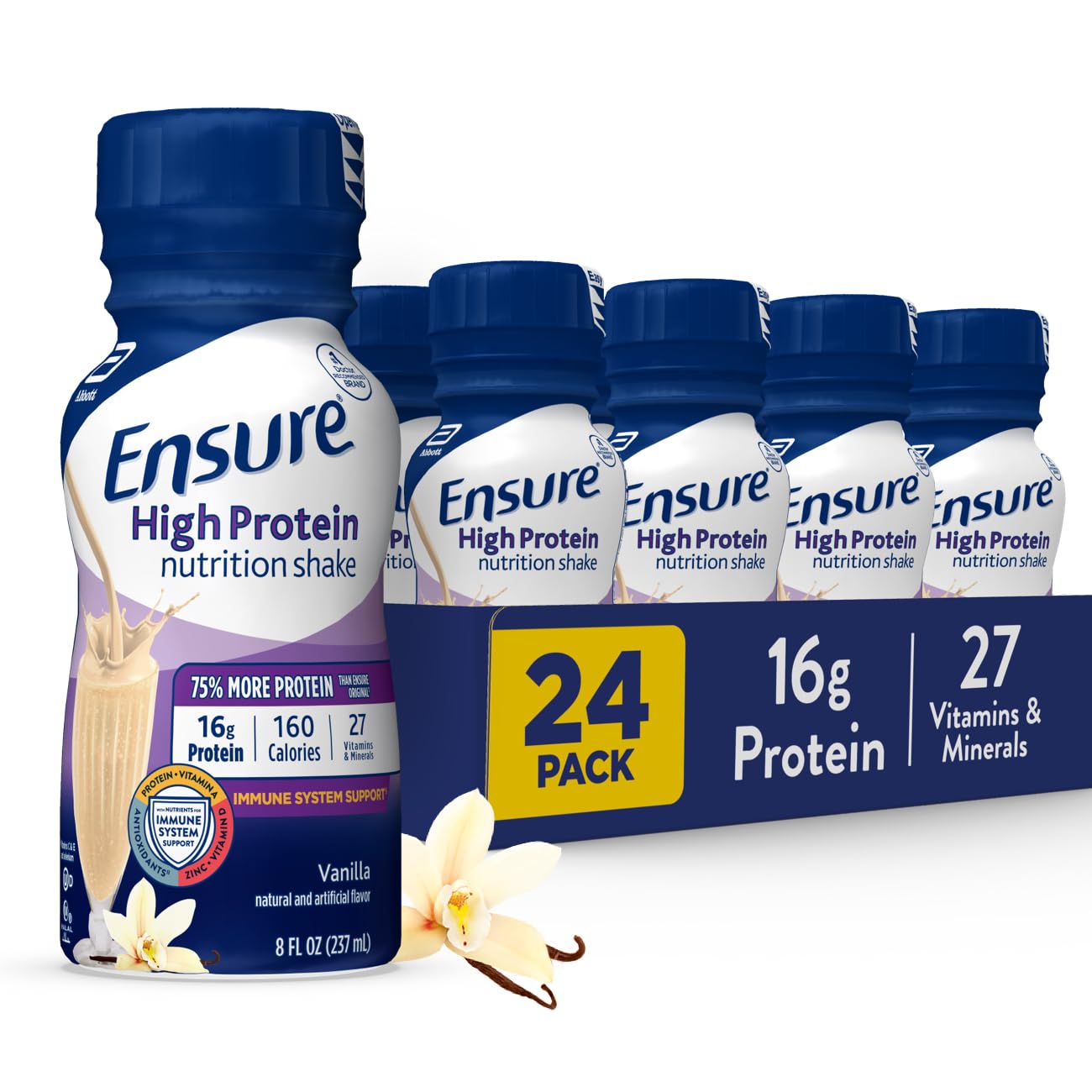 Ensure High Protein Vanilla Nutrition Shake with Fiber, Ready to Drink, 16g Protein and 27 Vitamins and Minerals, 8 fl oz, 24 Pack