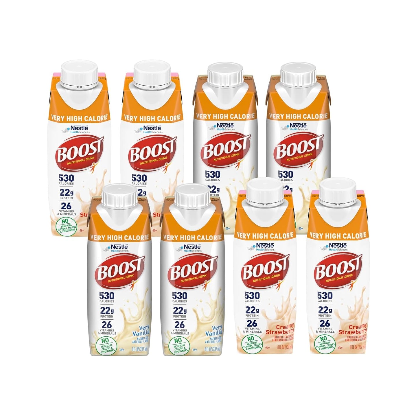Boost Very High Calorie Nutritional Drink Duo, High Protein Nutrition Shake, Ready to Drink Nutrition Beverage, 4 Very Vanilla and 4 Creamy Strawberry, 8 Fluid Ounce (Variety Pack)
