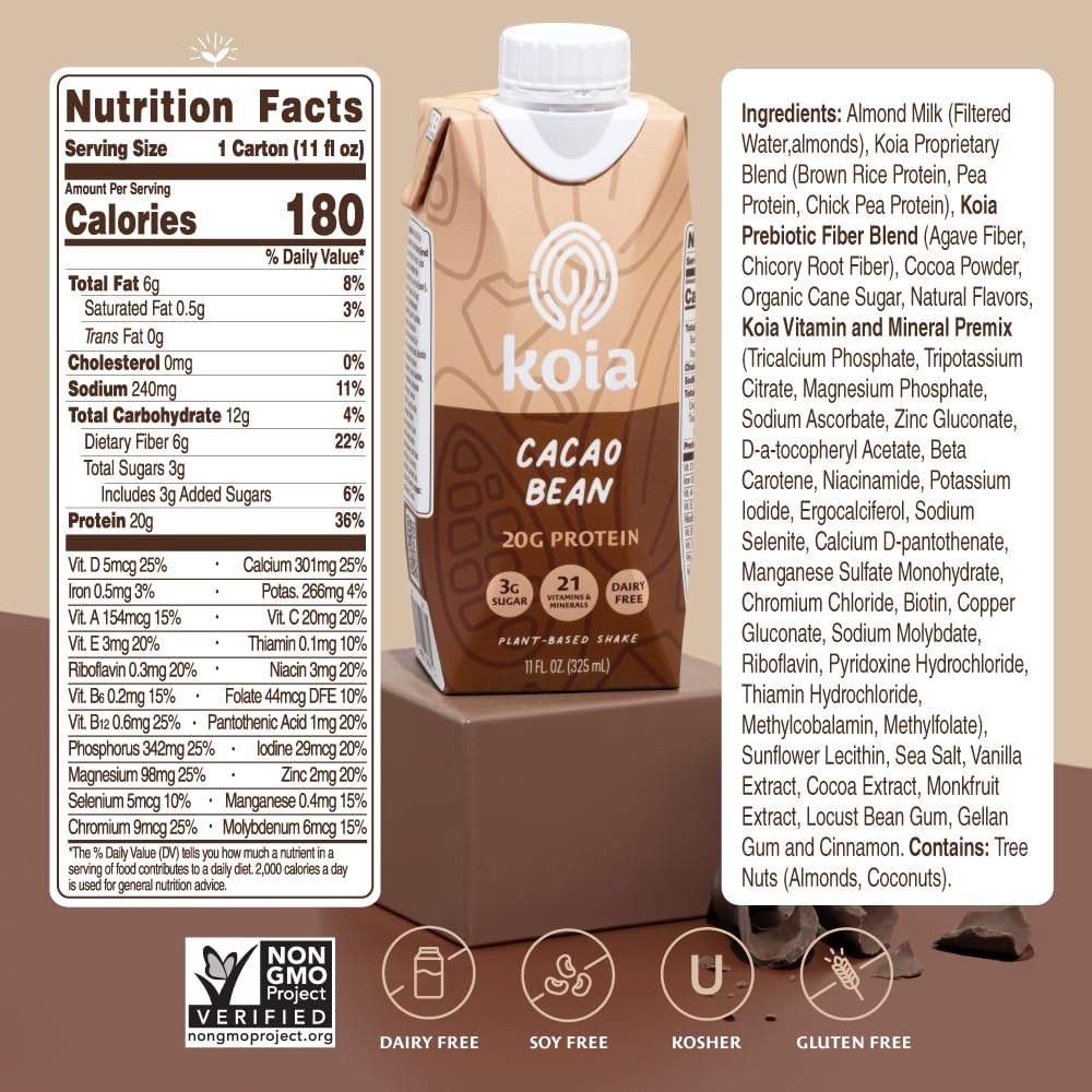 Koia Plant Based Protein Shake, Cacao Bean, 20g Protein, 3g Sugar, 6g Prebiotic Fiber, 21 Vitamins & Minerals, Meal Replacement Drinks, Dairy-Free, Gluten-Free, Non-GMO, 11 Fl Oz (Pack of 12)