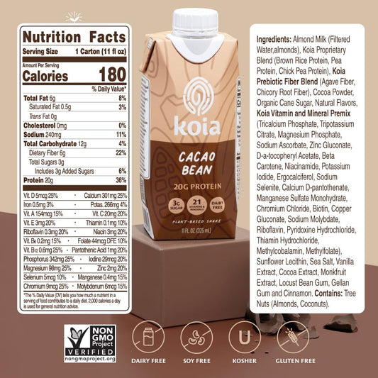 Koia Plant Based Protein Shake, Cacao Bean, 20g Protein, 3g Sugar, 6g Prebiotic Fiber, 21 Vitamins & Minerals, Meal Replacement Drinks, Dairy-Free, Gluten-Free, Non-GMO, 11 Fl Oz (Pack of 12)