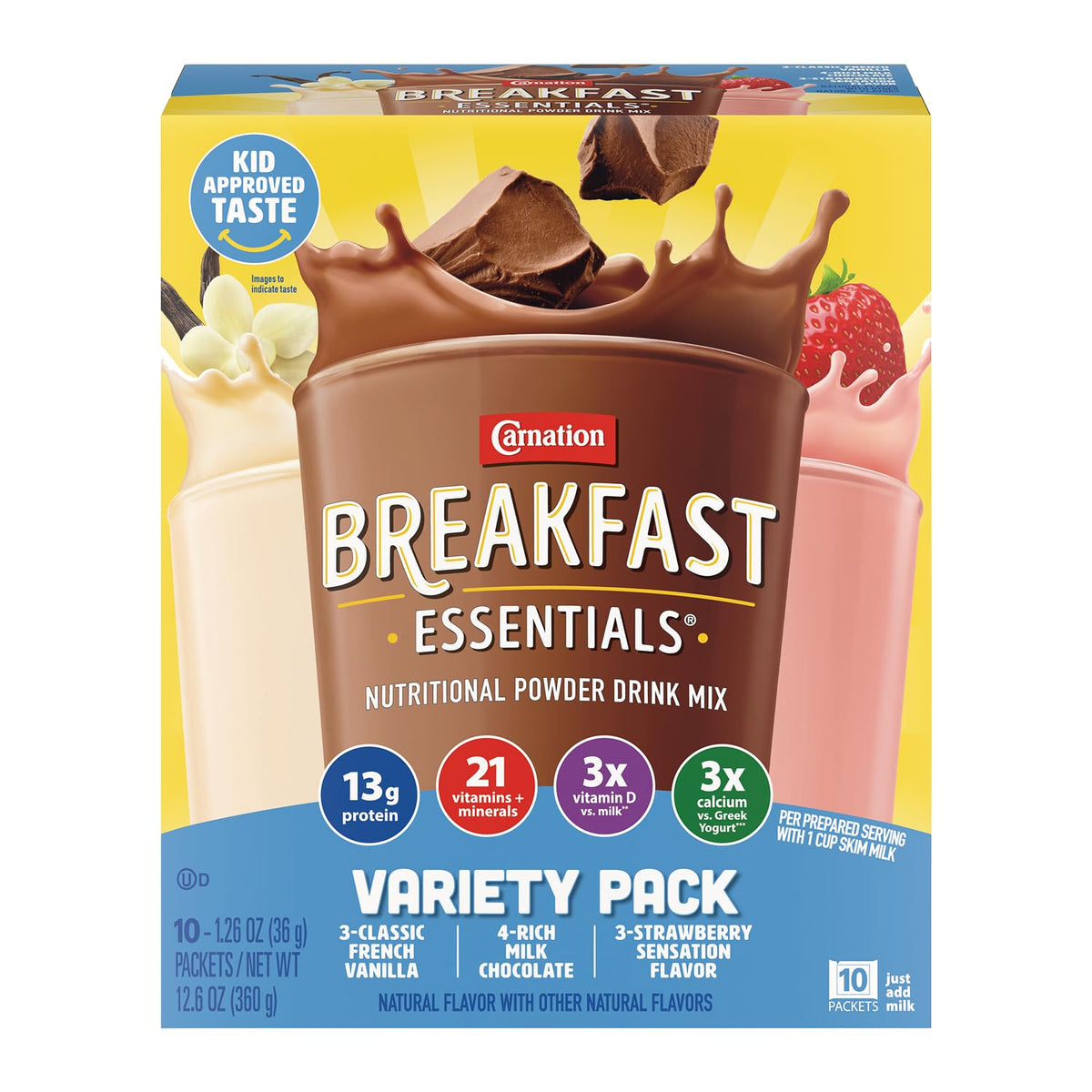 Nestle Carnation Breakfast Essentials Complete Nutritional Drink Rich Milk Chocolate/Classic French Vanilla/Strawberry Sensation Flavor 60 Ct