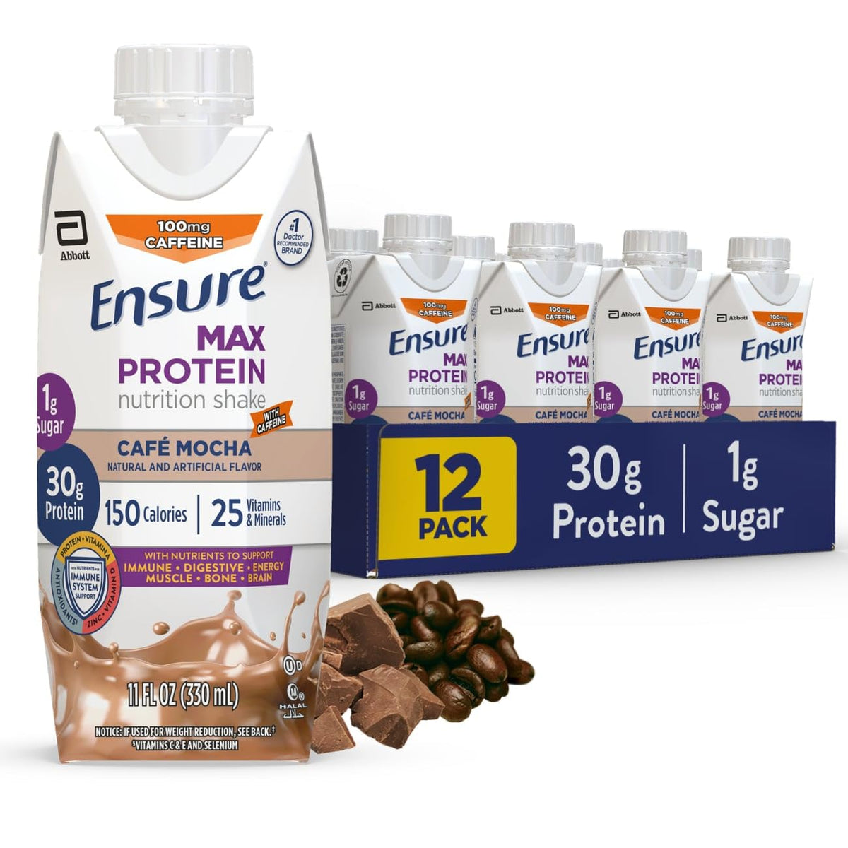 Ensure Max Protein Shake | French Vanilla | Ready to Drink | 30g Protein for Muscle Health | 1g Sugar, 4g Fiber | 11 fl oz, 12 Pack