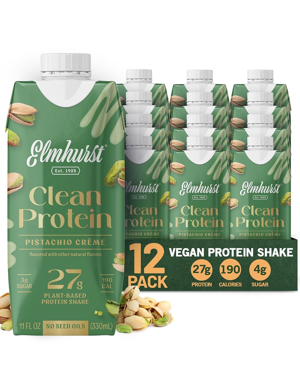 Elmhurst 1925 Pistachio Cream Vegan Protein Shakes, 11 Ounce (12-Pack)
