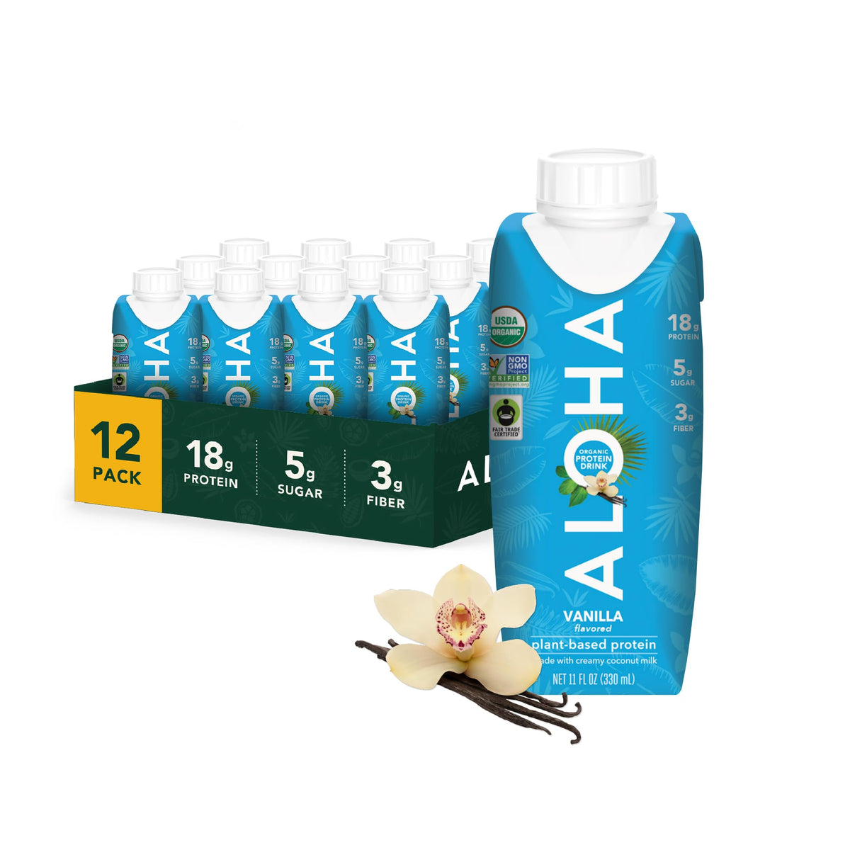 ALOHA Organic Plant-Based Protein Drink – Coconut Flavor | 18g Protein, 5g Sugar, 3g Fiber | Made with Creamy Coconut Milk, Fair Trade Certified, No Stevia | Vegan, Non-GMO, Gluten-Free, 11 fl oz (12 Pack)