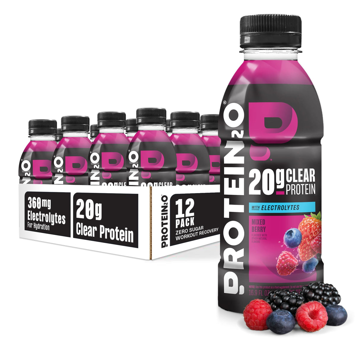 Protein2o 2-in-1 Clear Whey Protein & Electrolyte Beverage, 20g Protein, Gluten-Free, Keto, 16.9 fl oz Bottles (12 Count Variety Pack)