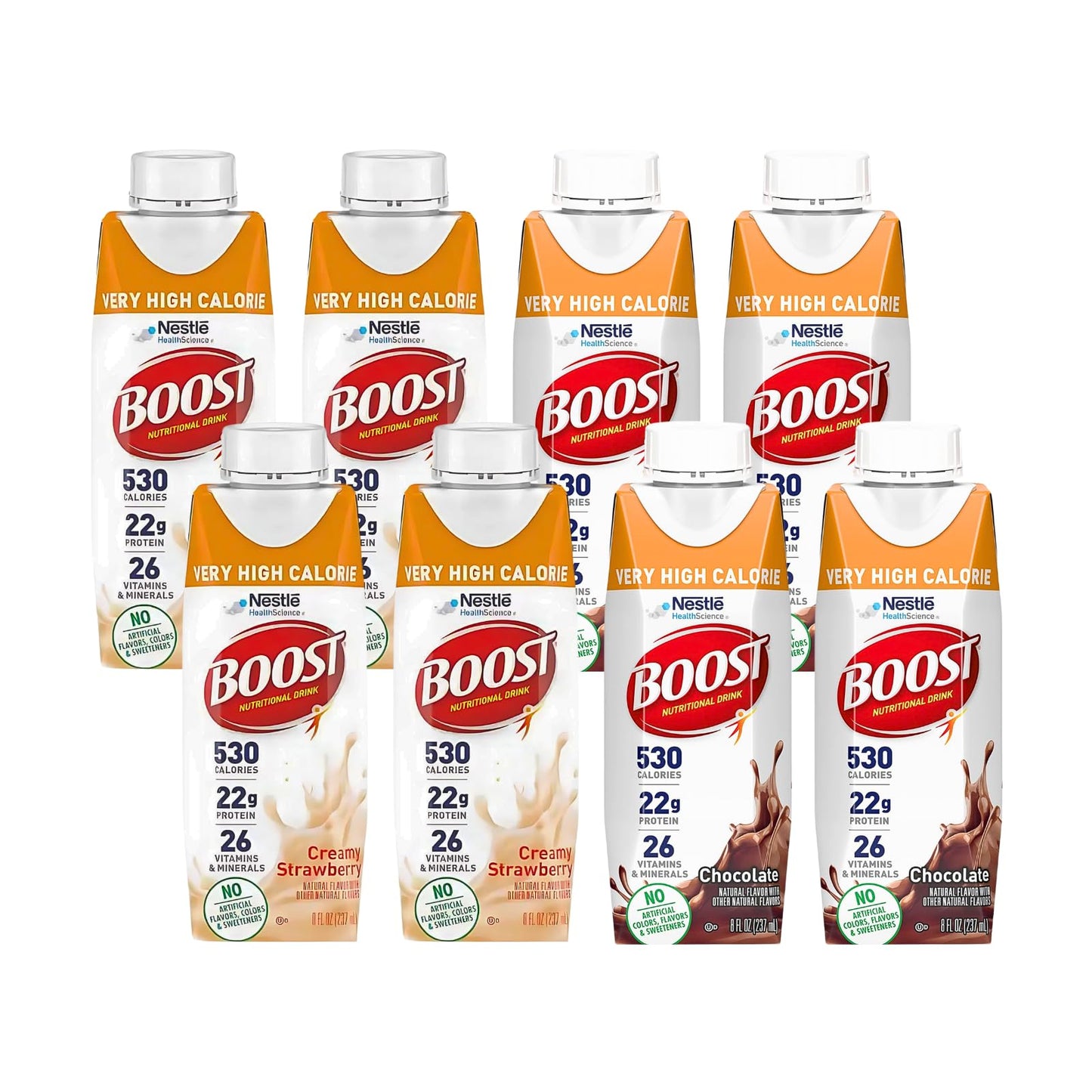 Boost Very High Calorie Nutritional Drink Duo, High Protein Nutrition Shake, Ready to Drink Nutrition Beverage, 4 Very Vanilla and 4 Creamy Strawberry, 8 Fluid Ounce (Variety Pack)