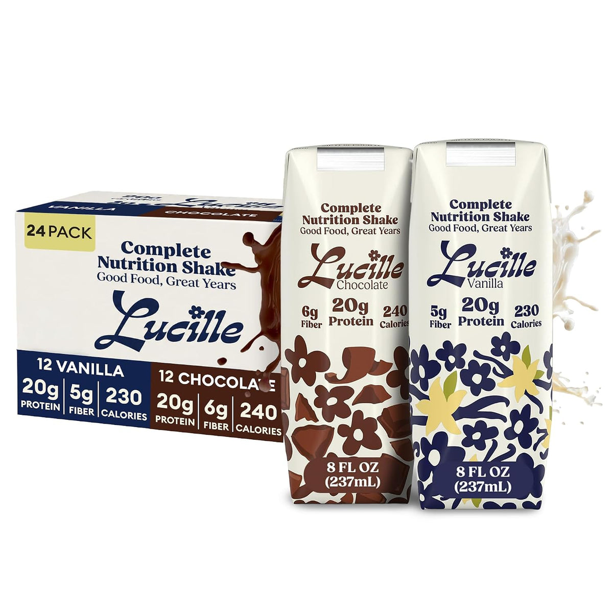 Lucille Meal Replacement Shake for Adults, Chocolate & Vanilla, 8 oz, 24 Pk