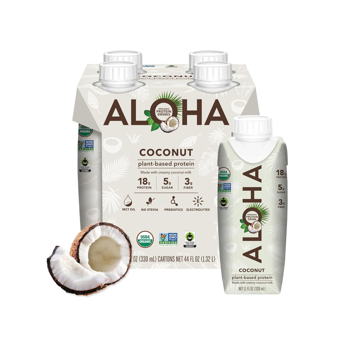 ALOHA Organic Plant-Based Protein Drink – Coconut Flavor | 18g Protein, 5g Sugar, 3g Fiber | Made with Creamy Coconut Milk, Fair Trade Certified, No Stevia | Vegan, Non-GMO, Gluten-Free, 11 fl oz (12 Pack)