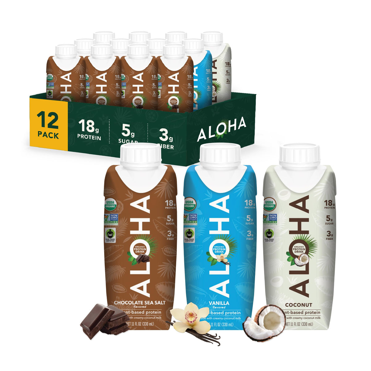 ALOHA Organic Plant-Based Protein Drink – Coconut Flavor | 18g Protein, 5g Sugar, 3g Fiber | Made with Creamy Coconut Milk, Fair Trade Certified, No Stevia | Vegan, Non-GMO, Gluten-Free, 11 fl oz (12 Pack)