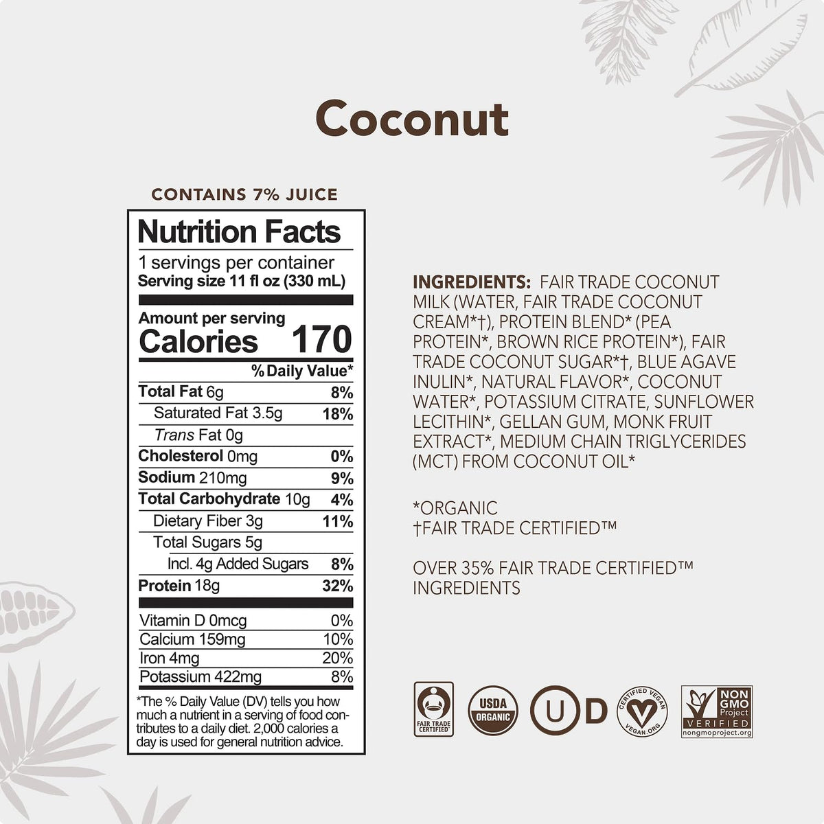 ALOHA Organic Plant-Based Protein Drink – Coconut Flavor | 18g Protein, 5g Sugar, 3g Fiber | Made with Creamy Coconut Milk, Fair Trade Certified, No Stevia | Vegan, Non-GMO, Gluten-Free, 11 fl oz (12 Pack)