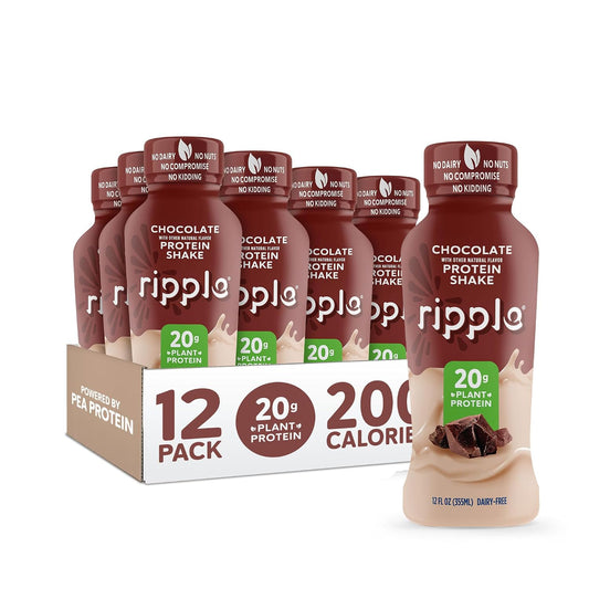 Ripple Chocolate Plant Based Protein Shake | 20g of Quality Sourced Pea Protein, Calcium Rich, Cocoa | Shelf Stable | Vegan & Non GMO | Dairy, Soy, Nut, & Gluten Free | 12 Fl Oz Bottles (Pack of 12)