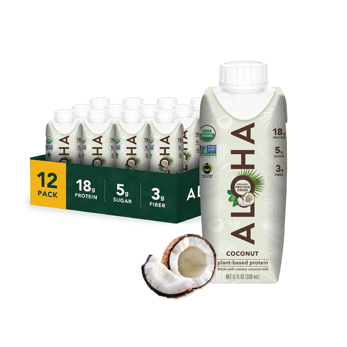 ALOHA Organic Plant-Based Protein Drink – Coconut Flavor | 18g Protein, 5g Sugar, 3g Fiber | Made with Creamy Coconut Milk, Fair Trade Certified, No Stevia | Vegan, Non-GMO, Gluten-Free, 11 fl oz (12 Pack)