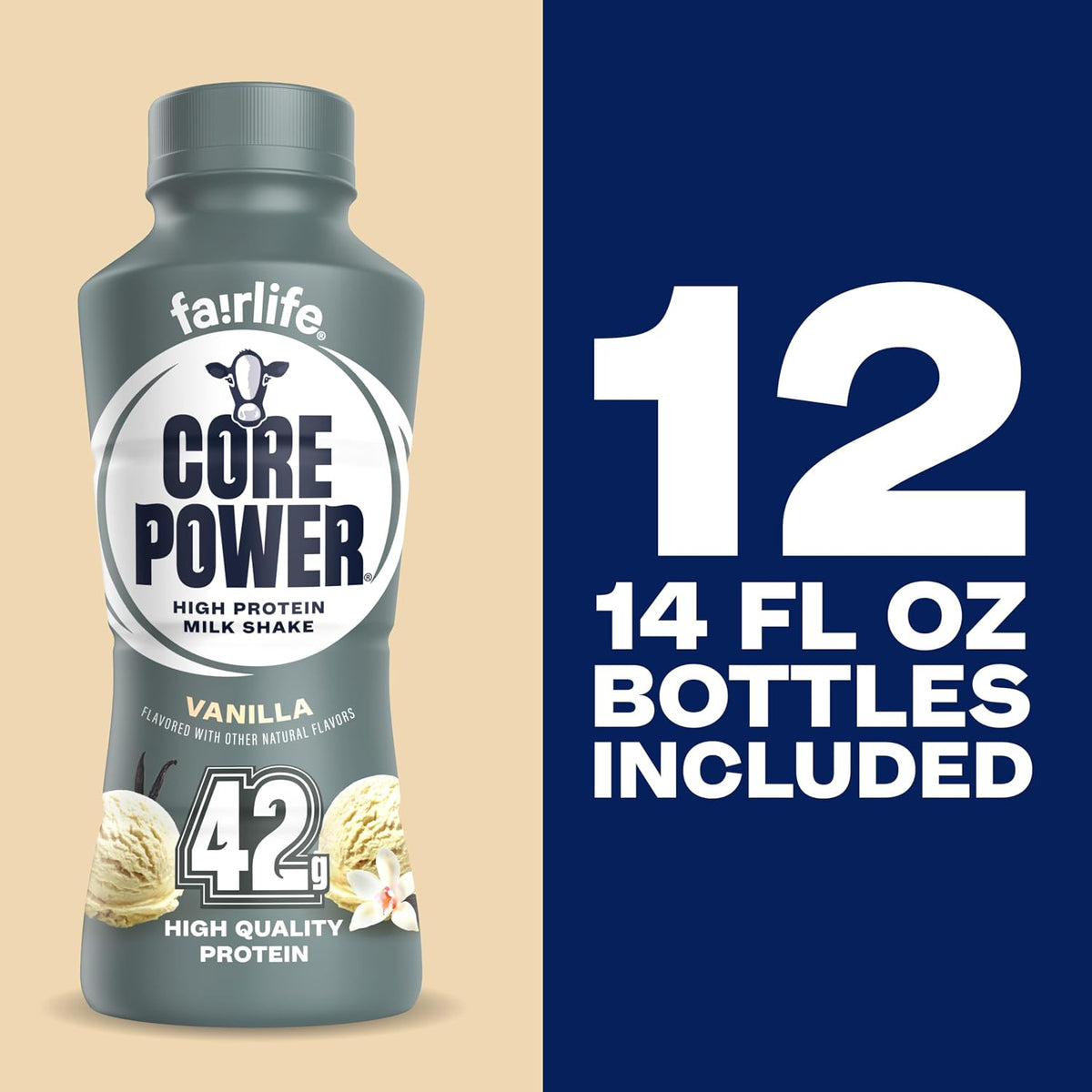 Core Power Fairlife Elite 42g High Protein Milk Shake Bottle, Ready To Drink for Workout Recovery, kosher, Liquid, Vanilla, 14 Fl Oz (Pack of 12)
