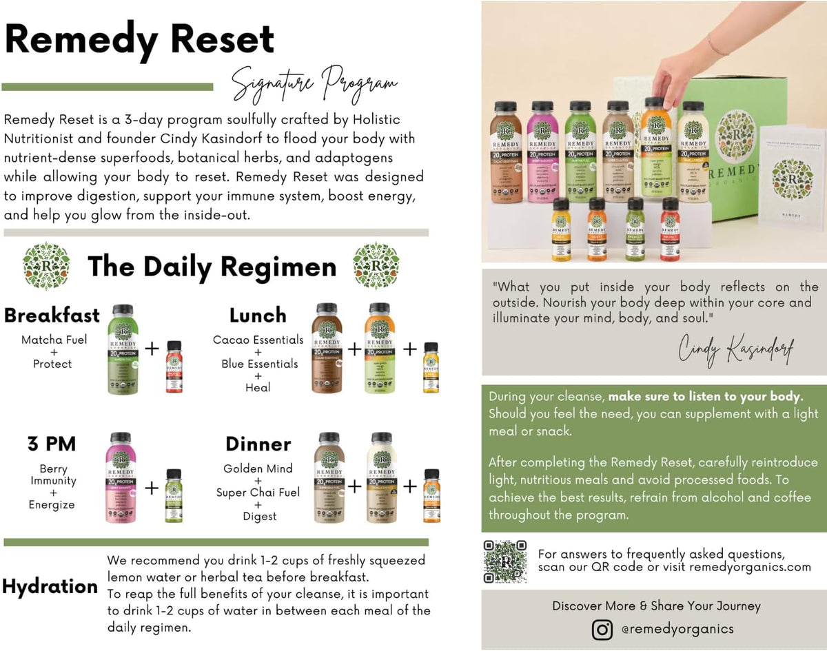 Remedy Organics Reset Program | 3-Day Holistic Cleanse, Improve Digestion & Health, Boost Energy, Support Immune System, Packed With Superfoods, USDA Organic, Gluten-Free, Dairy-Free, Kosher, Soy Free