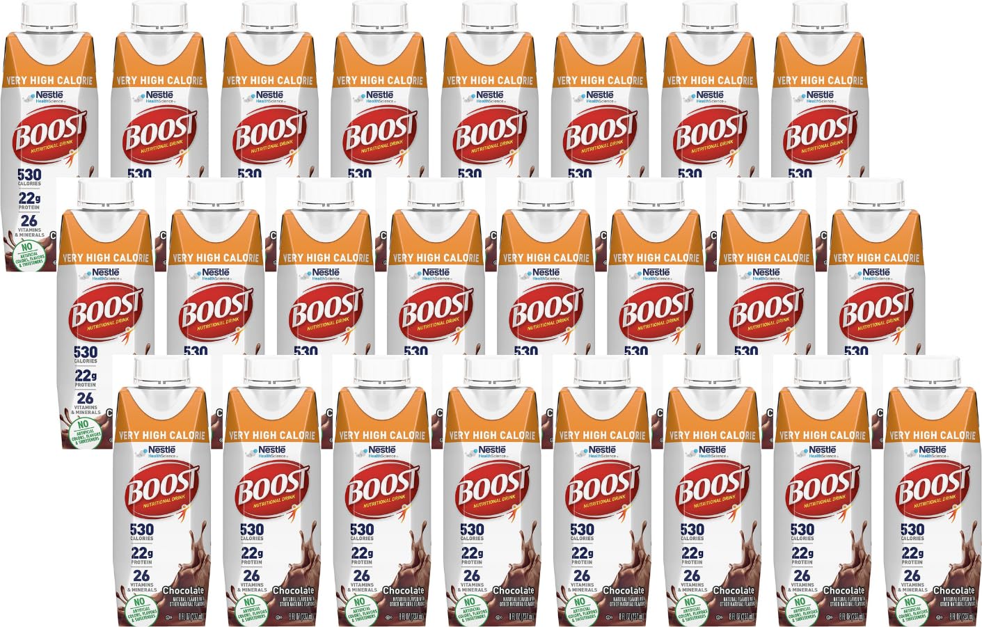 Boost Very High Calorie Nutritional Drink Very Vanilla, Made with Natural Chocolate Flavor & No Artificial Flavors, Colors & Sweeteners, 8 FL OZ (Pack of 24)