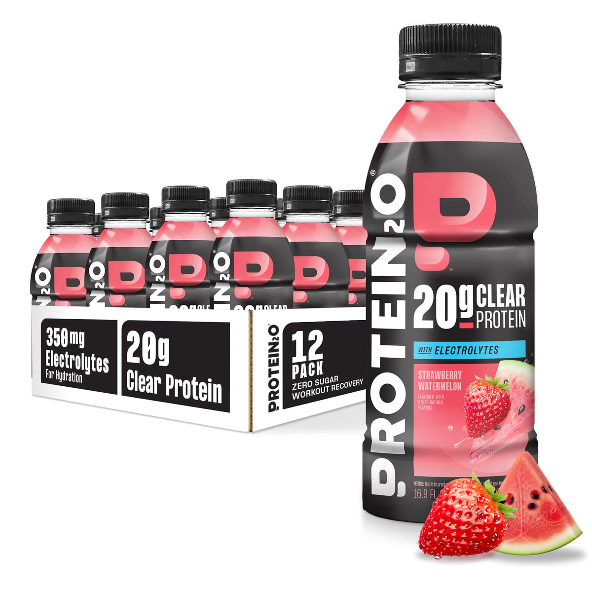 Protein2o Hydration Drink - 2-in-1 Liquid Clear Whey Protein Isolate and Electrolyte Drink - 20g Protein, Vitamins B5, B6 - Post-Workout Recovery - 16.9 Fl Oz - 12 Count Mixed Berry