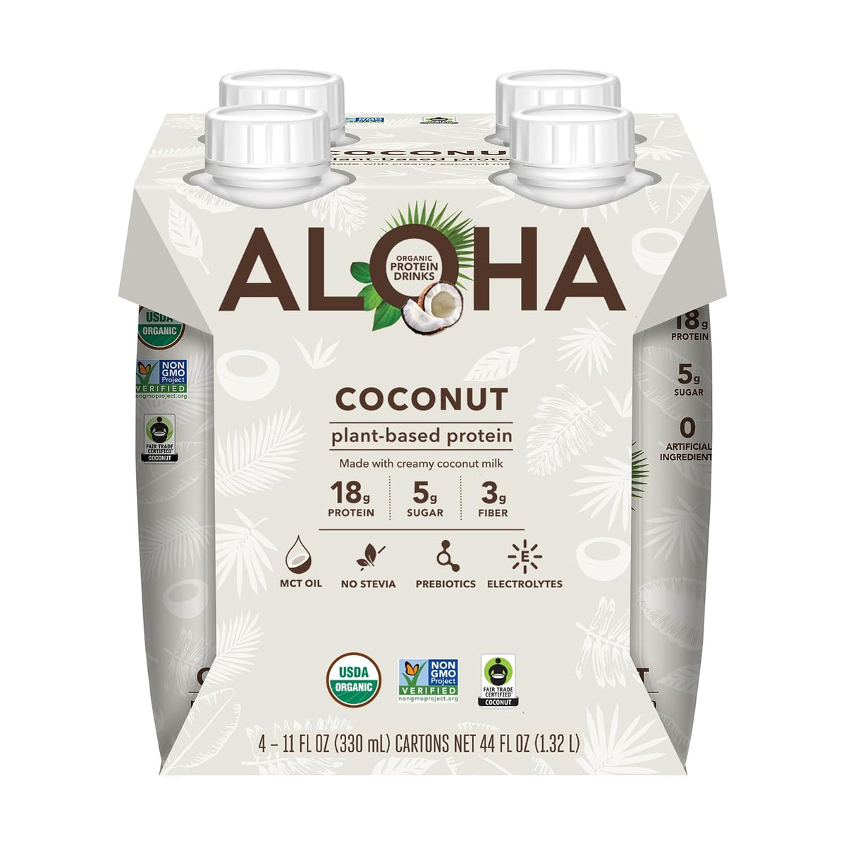 ALOHA Organic Plant-Based Protein Drink – Coconut Flavor | 18g Protein, 5g Sugar, 3g Fiber | Made with Creamy Coconut Milk, Fair Trade Certified, No Stevia | Vegan, Non-GMO, Gluten-Free, 11 fl oz (12 Pack)