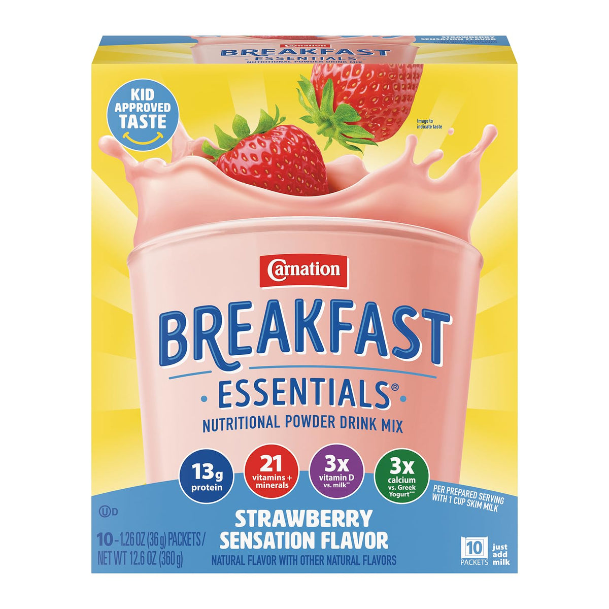 Nestle Carnation Breakfast Essentials Complete Nutritional Drink Rich Milk Chocolate/Classic French Vanilla/Strawberry Sensation Flavor 60 Ct