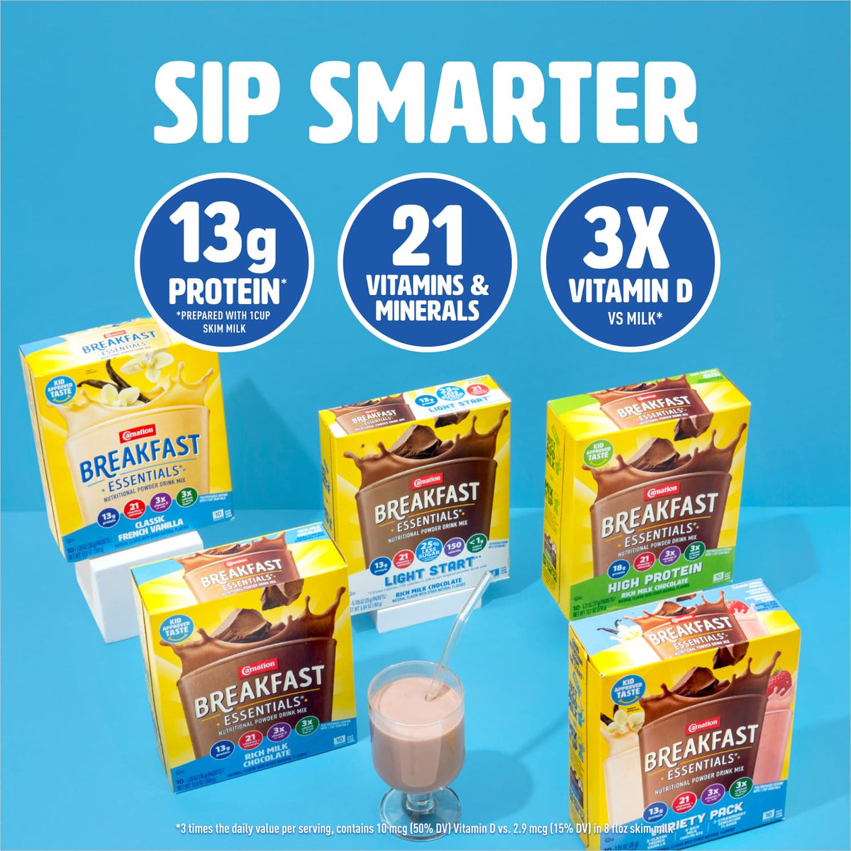 Nestle Carnation Breakfast Essentials Complete Nutritional Drink Rich Milk Chocolate/Classic French Vanilla/Strawberry Sensation Flavor 60 Ct