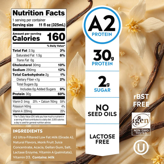 Pioneer Pastures High Protein A2 Milkshakes, Vanilla, 11oz, 12 Pack