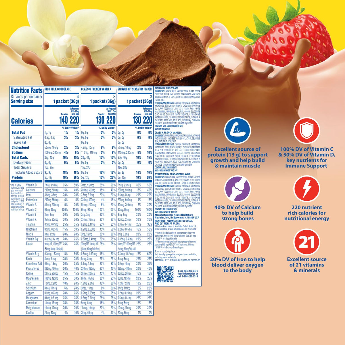 Nestle Carnation Breakfast Essentials Complete Nutritional Drink Rich Milk Chocolate/Classic French Vanilla/Strawberry Sensation Flavor 60 Ct