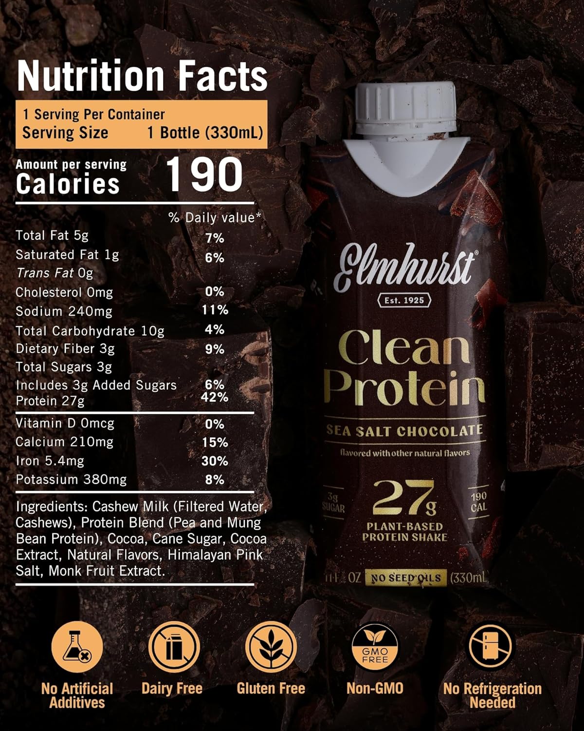 Elmhurst 1925 Sea Salt Chocolate Vegan Protein Shakes, 11 Ounce (12-Pack)