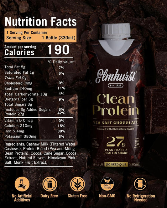 Elmhurst 1925 Sea Salt Chocolate Vegan Protein Shakes, 11 Ounce (12-Pack)