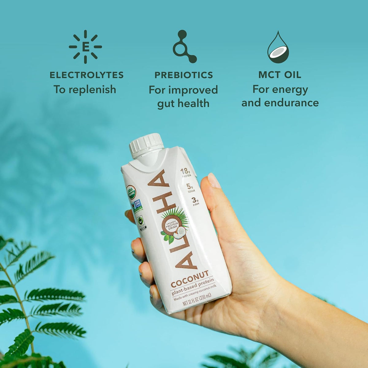 ALOHA Organic Plant-Based Protein Drink – Coconut Flavor | 18g Protein, 5g Sugar, 3g Fiber | Made with Creamy Coconut Milk, Fair Trade Certified, No Stevia | Vegan, Non-GMO, Gluten-Free, 11 fl oz (12 Pack)