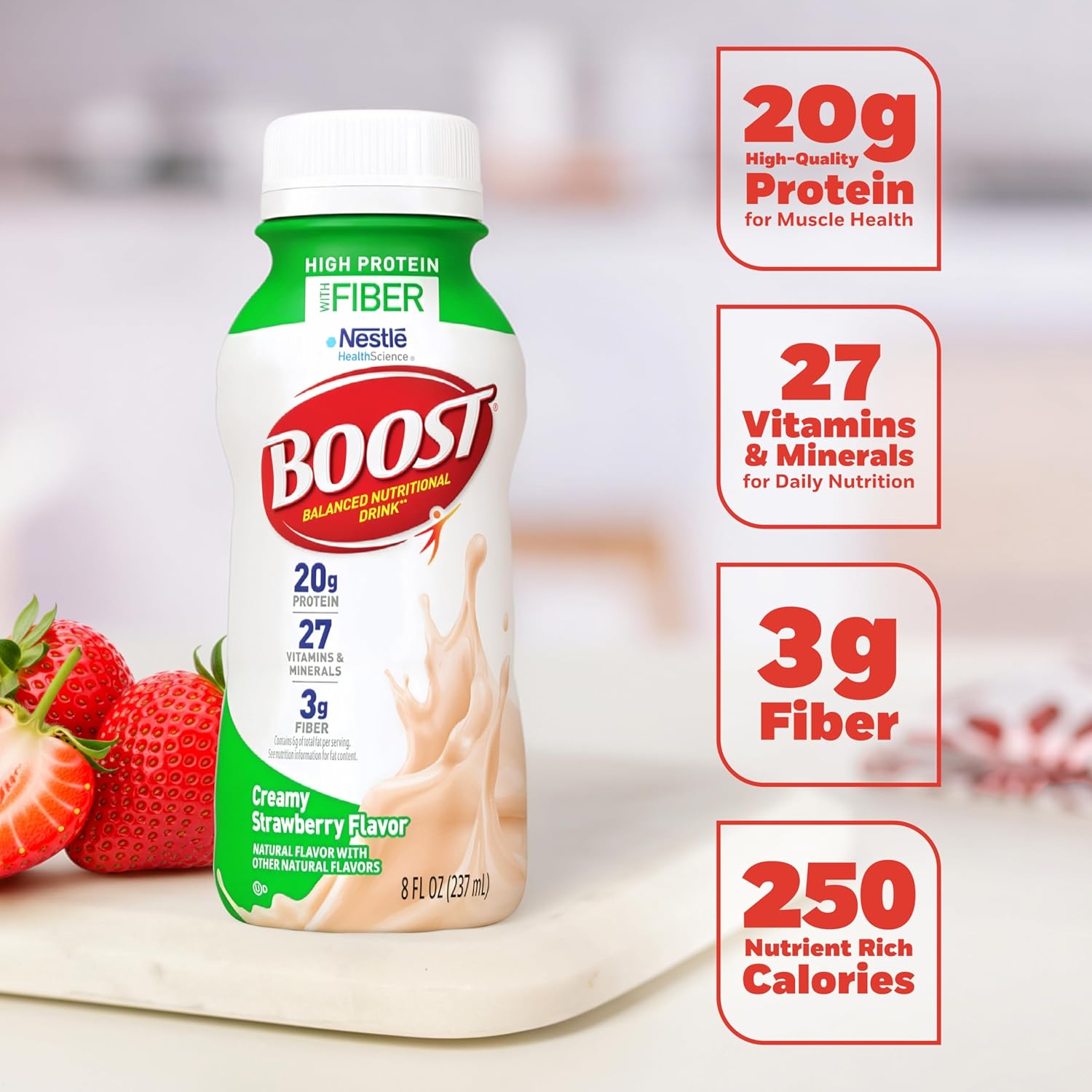 BOOST High Protein with Fiber Ready to Drink Complete Nutritional Drink, Creamy Strawberry, 8 fl oz Bottle, 24 Pack