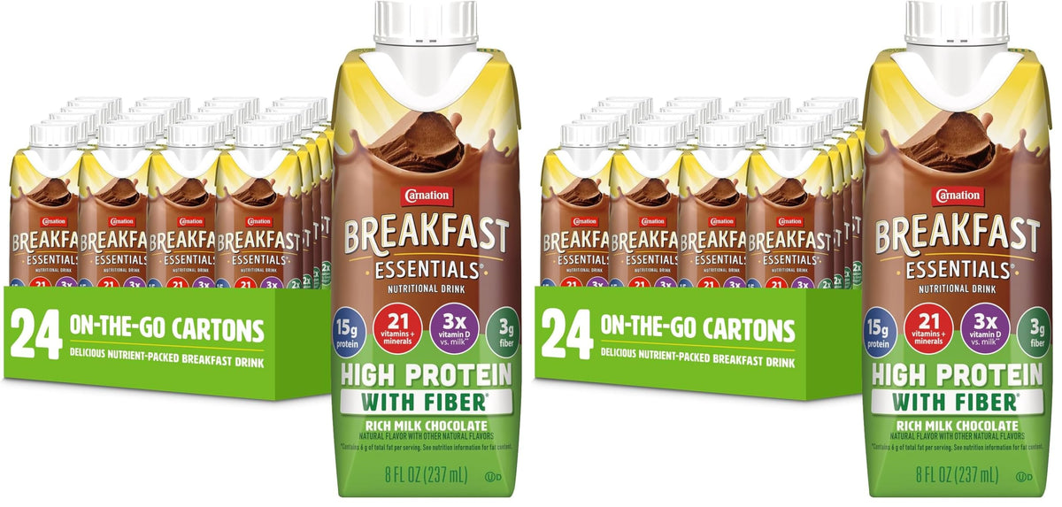 Carnation Breakfast Essentials High Protein with Fiber Ready-to-Drink, 8 FL OZ Carton, Rich Milk Chocolate (Pack of 24)