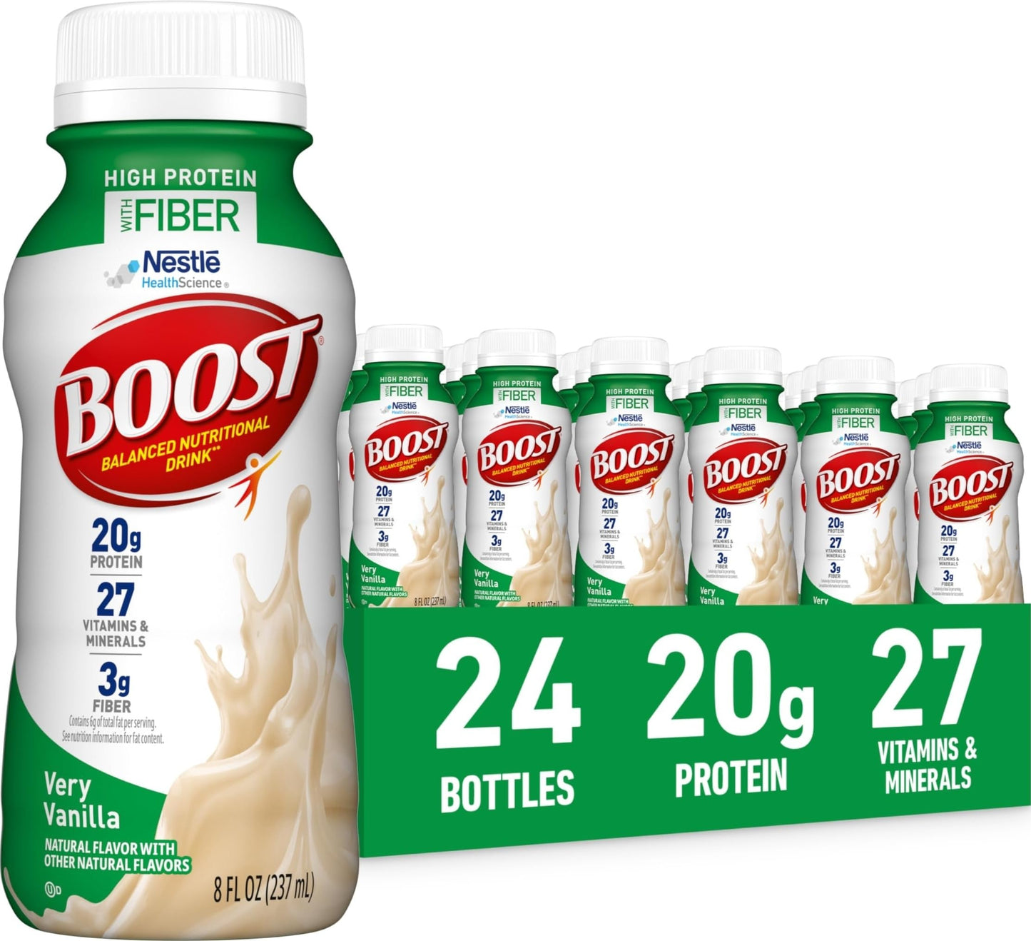 BOOST High Protein with Fiber Ready to Drink Complete Nutritional Drink, Creamy Strawberry, 8 fl oz Bottle, 24 Pack