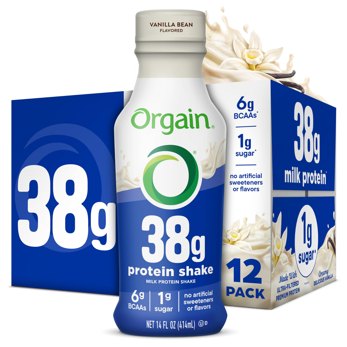 Orgain 38g High Protein Shake, Dairy Isolate Protein Milk, Chocolate Fudge, 6g BCAAs, 1g Sugar Per Serving, Meal Replacement, Ready to Drink, Keto Friendly, Gluten-Free 14 Fl Oz (Pack of 12)