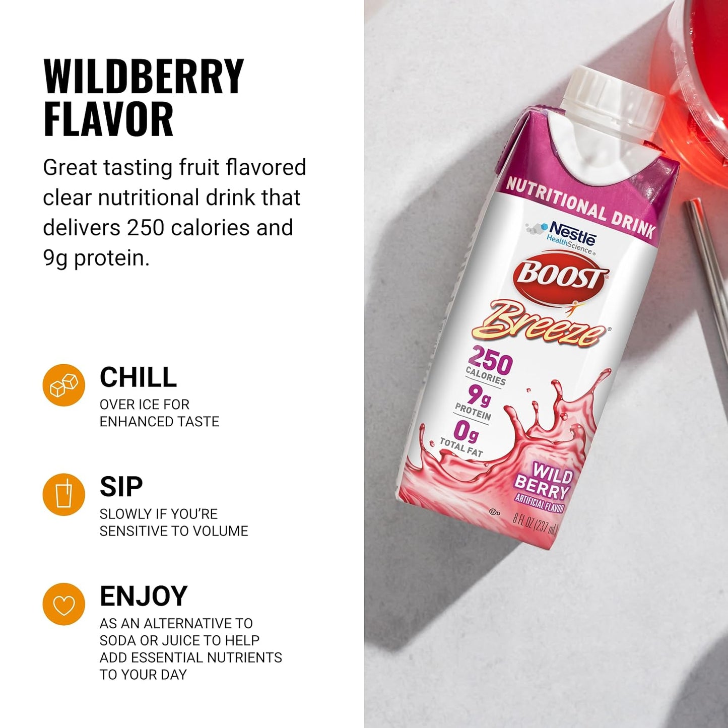 BOOST Breeze Clear Nutritional Drink - 250 Calories - 19 Vitamins & Minerals - 9 g Protein - Fortified Clear Nutritional Drink with Vitamin A & Zinc - Wild Berry Flavor - 8 fl oz (Pack of 24)