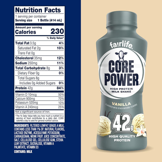 Core Power Fairlife Elite 42g High Protein Milk Shake Bottle, Ready To Drink for Workout Recovery, kosher, Liquid, Vanilla, 14 Fl Oz (Pack of 12)