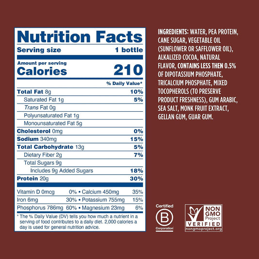 Ripple Chocolate Plant Based Protein Shake | 20g of Quality Sourced Pea Protein, Calcium Rich, Cocoa | Shelf Stable | Vegan & Non GMO | Dairy, Soy, Nut, & Gluten Free | 12 Fl Oz Bottles (Pack of 12)