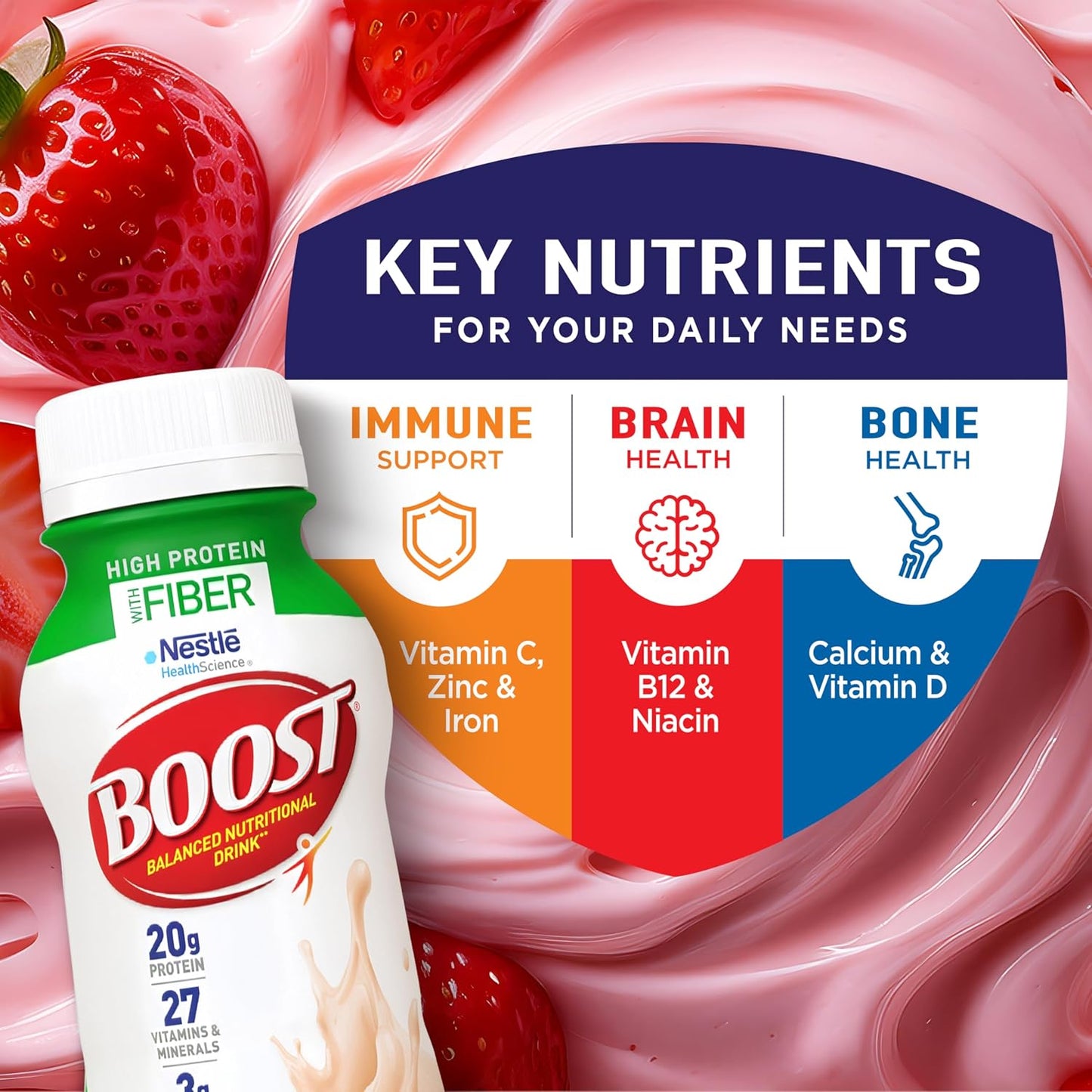 BOOST High Protein with Fiber Ready to Drink Complete Nutritional Drink, Creamy Strawberry, 8 fl oz Bottle, 24 Pack