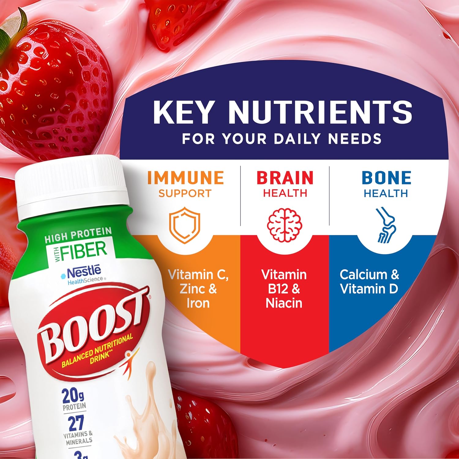 BOOST High Protein with Fiber Ready to Drink Complete Nutritional Drink, Creamy Strawberry, 8 fl oz Bottle, 24 Pack